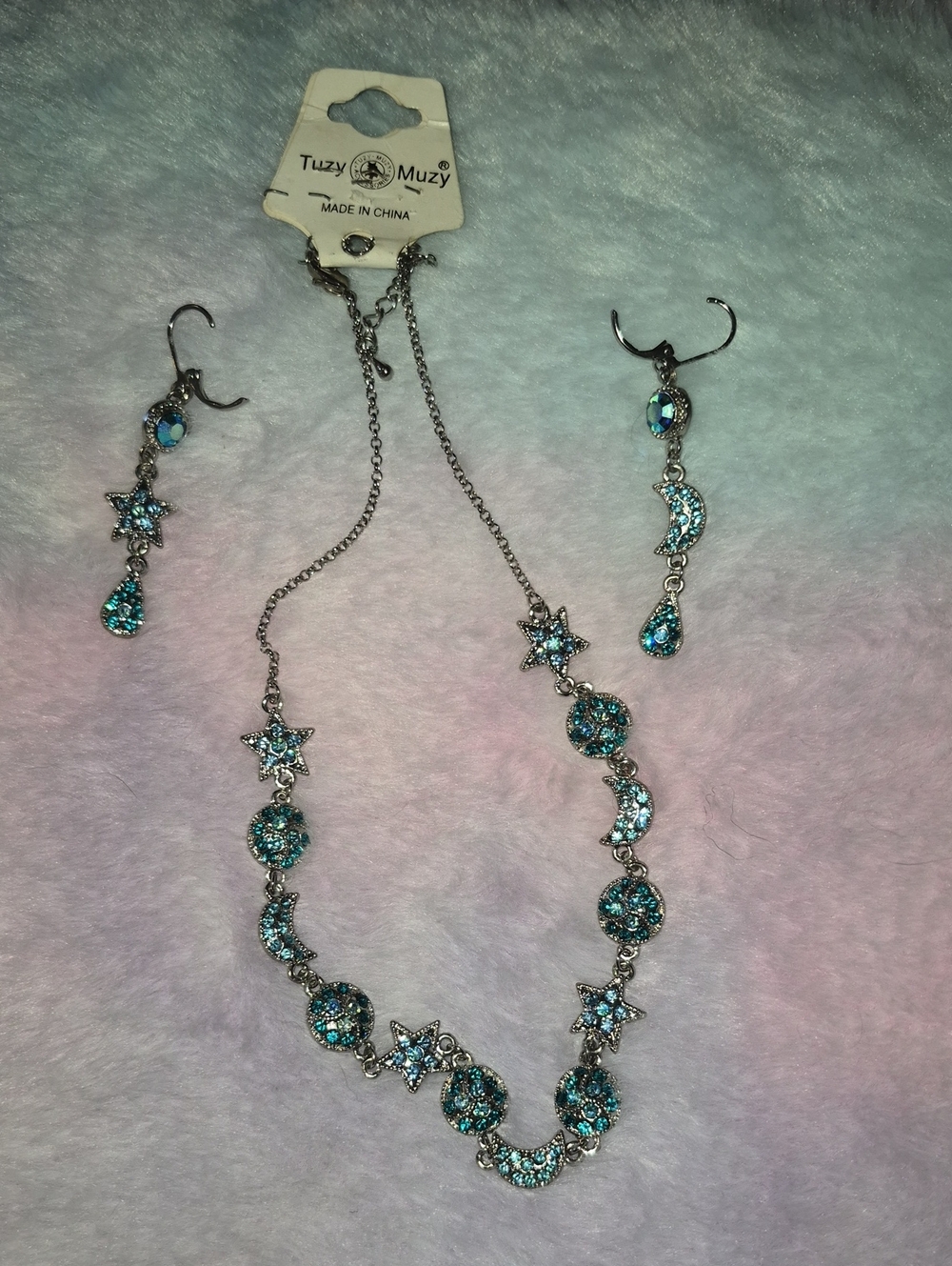 Blue Crystal Star & Moon Necklace and Earring Set